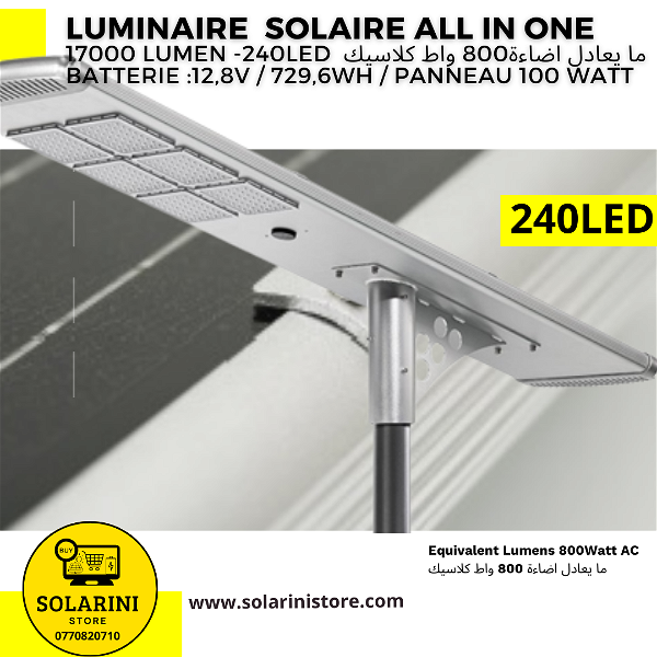 Luminaire énergie solaire ALL IN ONE 17000 Lumens-240 LED -panel 100W- 65000DA