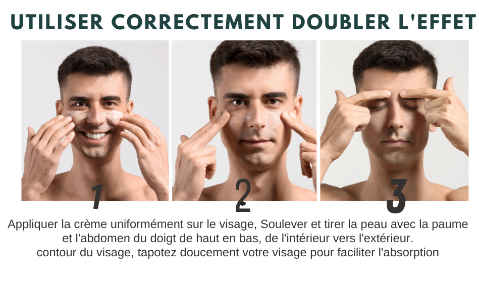 Appliquez la crème uniformément sur le visage, Soulevez et tirez la peau avec la paume et le doigt sur le ventre de haut en bas, de l'intérieur vers l'extérieur le contour du visage, Tapotez délicatement votre visage pour l'aider.