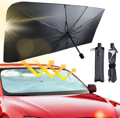 مظلة السيارة الواقية من الشمس قابلة للطي - مع حقيبة تخزين جلدية.
